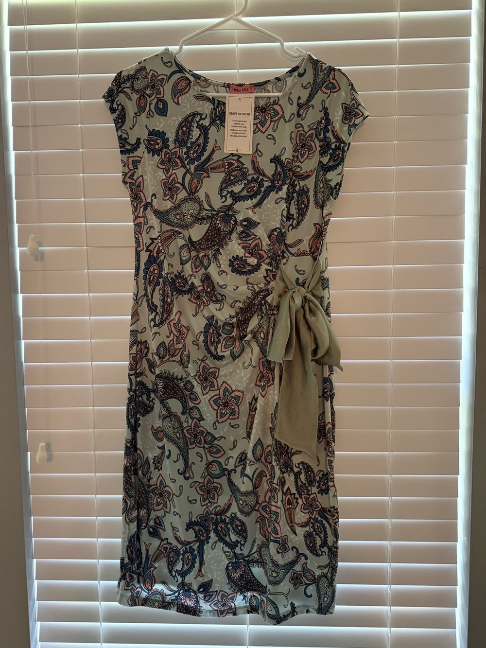 Hello MIZ Sage Paisley Tie-Waist Cap-Sleeve Dress